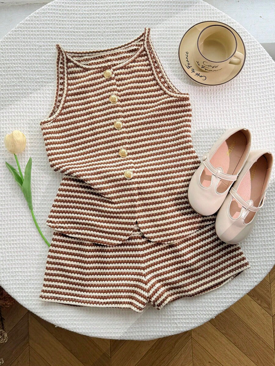 Tween girls apricot striped knit camisole top with button front paired with matching casual elastic waist shorts