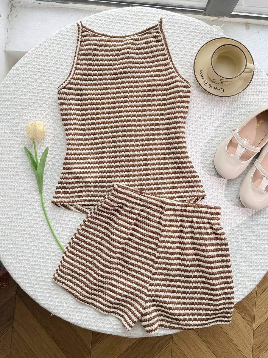 Tween girls apricot striped knit camisole top with button front paired with matching casual elastic waist shorts