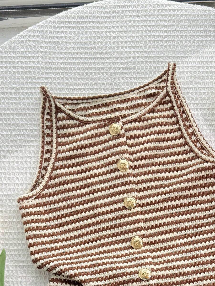 Tween girls apricot striped knit camisole top with button front paired with matching casual elastic waist shorts