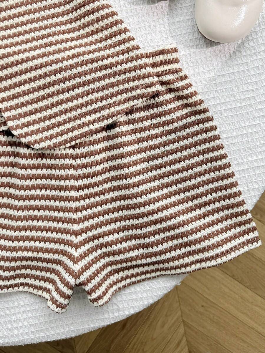 Tween girls apricot striped knit camisole top with button front paired with matching casual elastic waist shorts