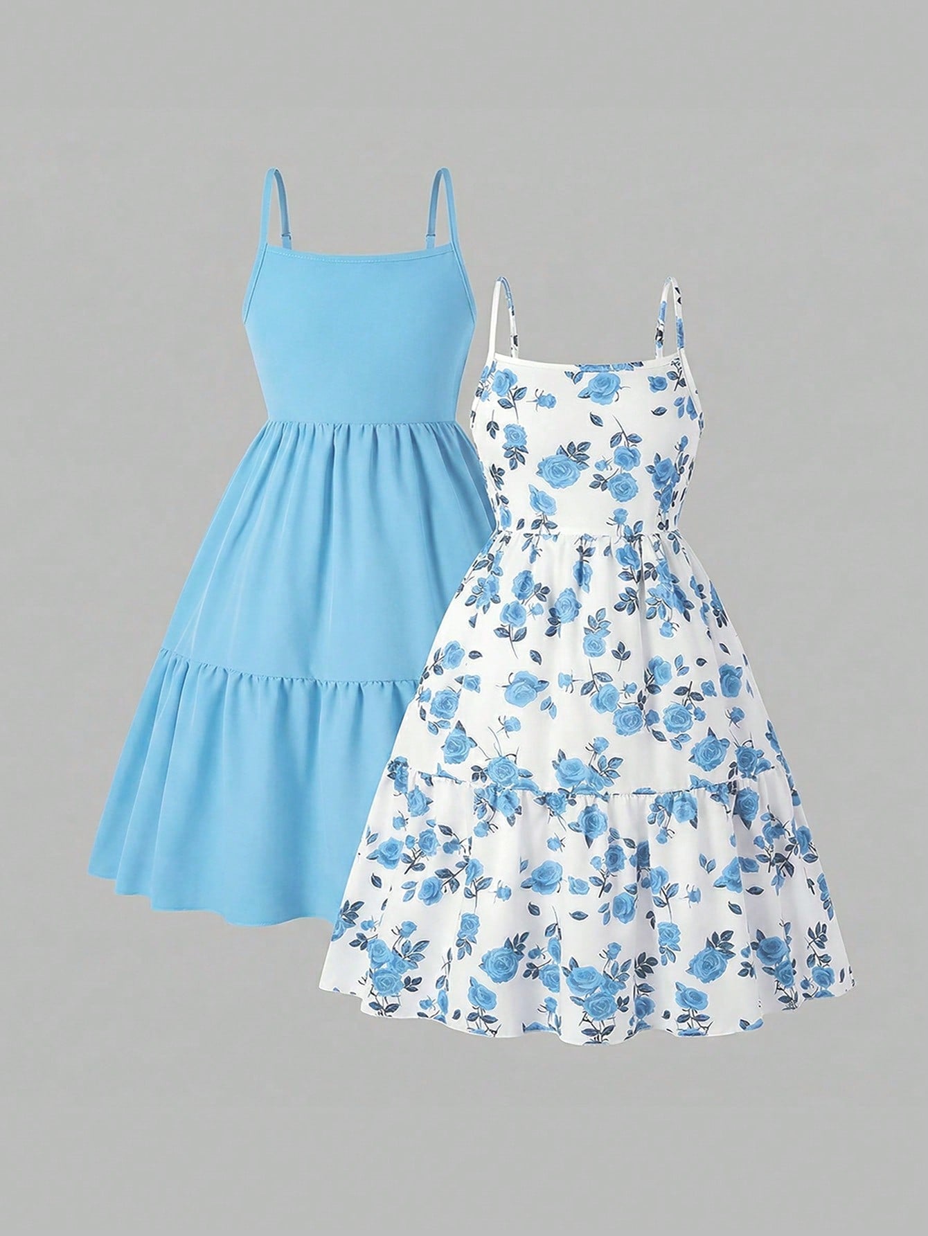 Girls' 2-piece summer sleeveless cami dress set with spaghetti straps, shirred detail, high waist, flounce hem, and multicolor fruit and plant print for vacation or beach matching outfits.