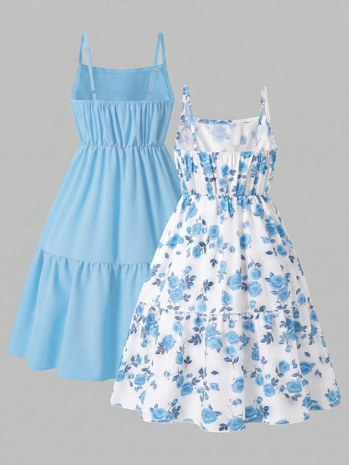 Girls' 2-piece summer sleeveless cami dress set with spaghetti straps, shirred detail, high waist, flounce hem, and multicolor fruit and plant print for vacation or beach matching outfits.