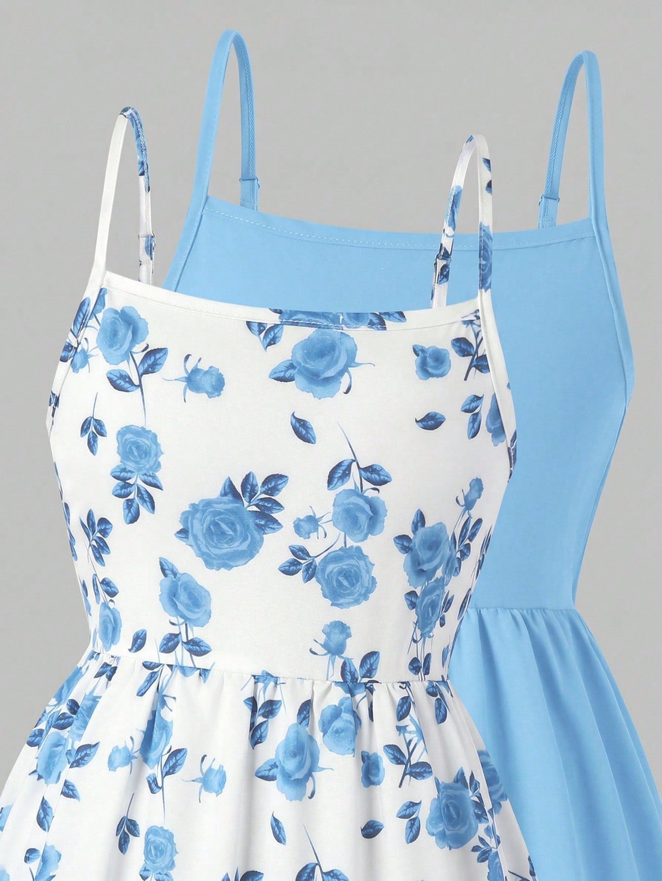 Girls' 2-piece summer sleeveless cami dress set with spaghetti straps, shirred detail, high waist, flounce hem, and multicolor fruit and plant print for vacation or beach matching outfits.
