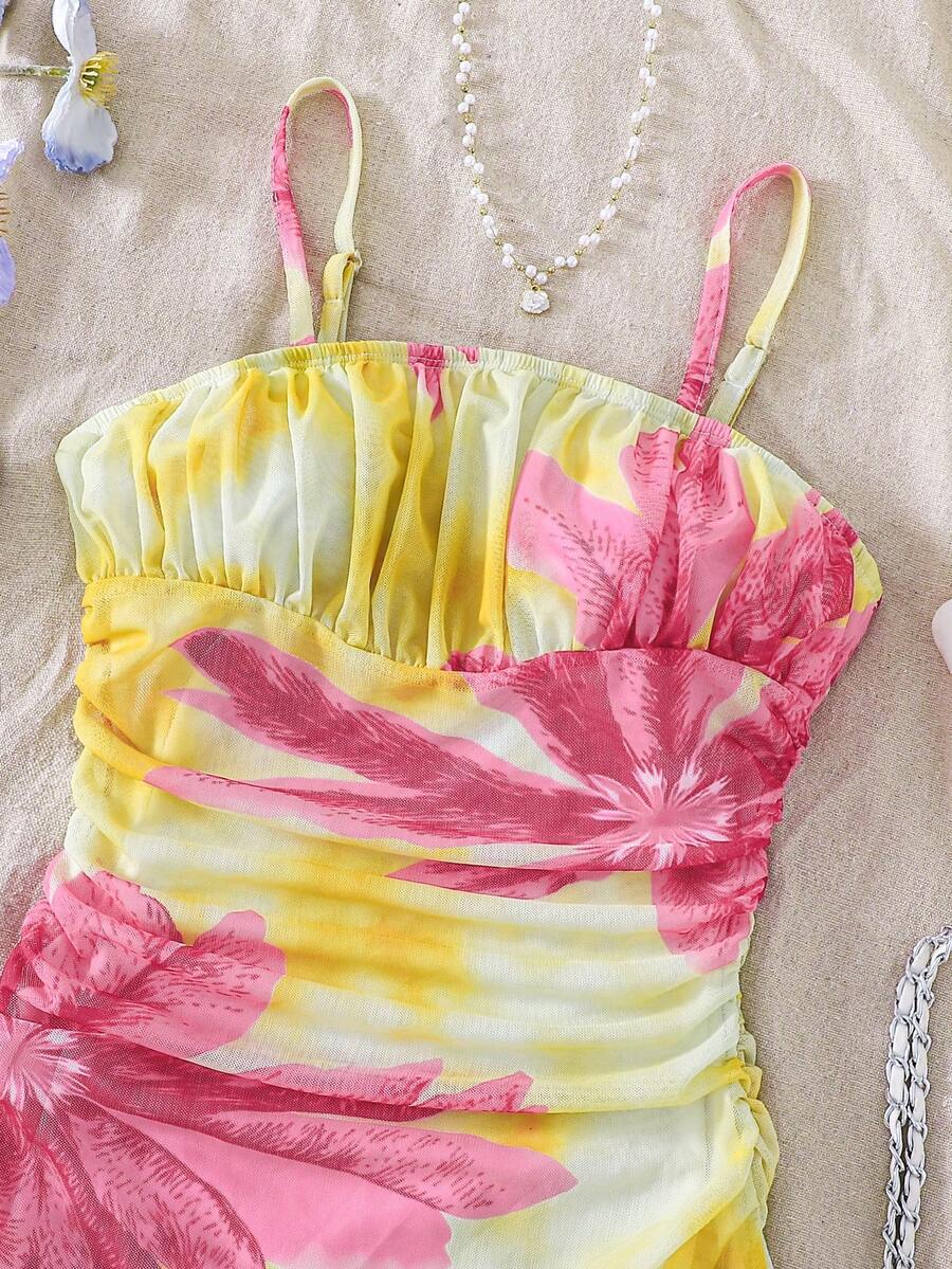 Apricot tween girls sleeveless halter cami dress with appliques, bow front, zipper detail, high waist, flared hem, and short slim fit design.