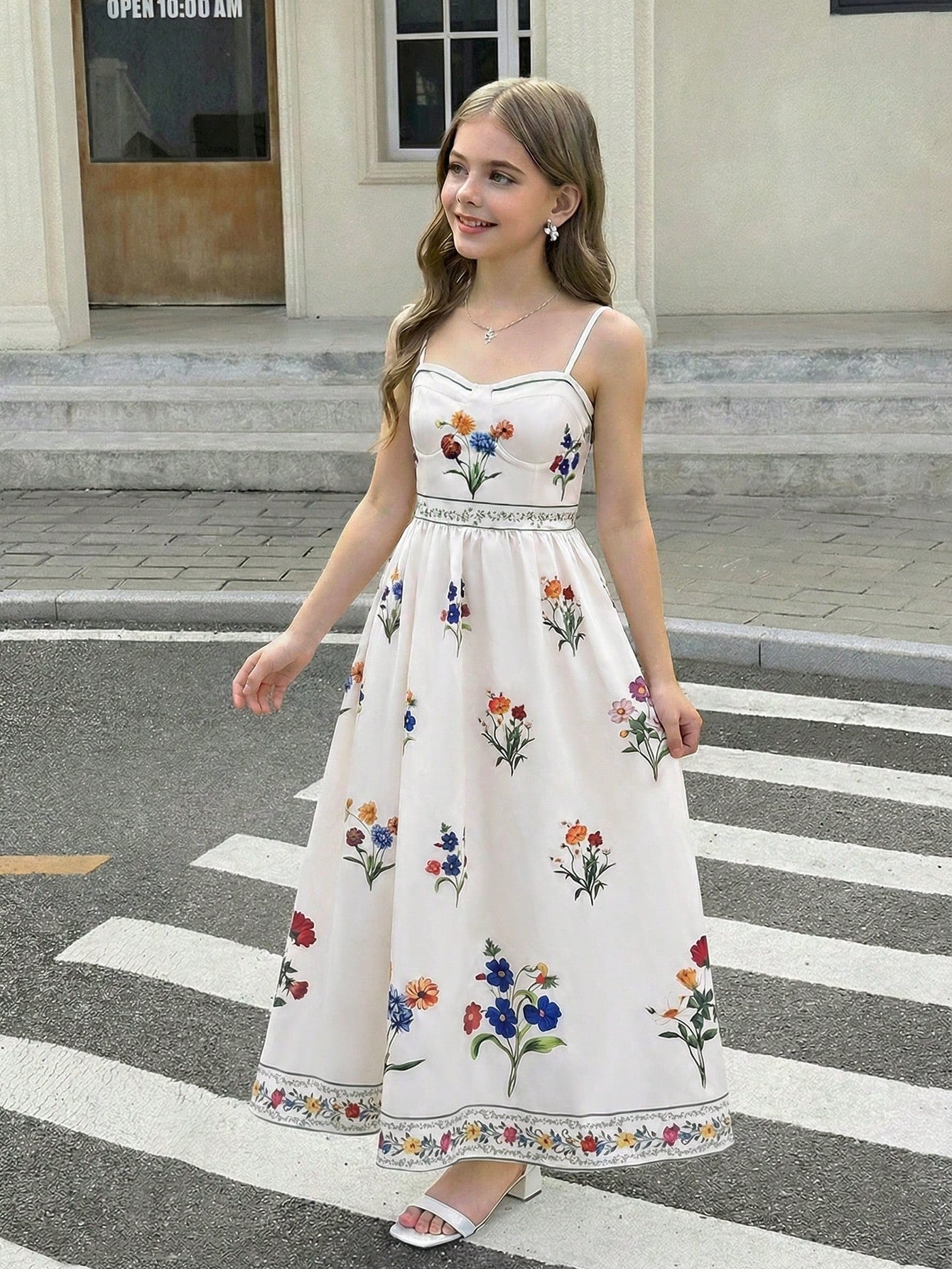Tween girls apricot polka dot long cami dress with shoulder straps, high waist, and flared A-line skirt.