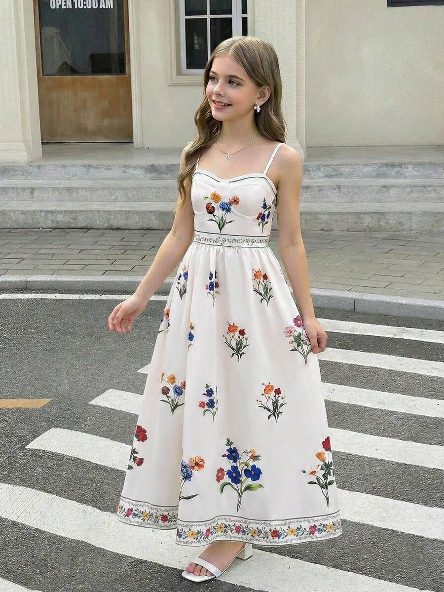 Tween girls apricot polka dot long cami dress with shoulder straps, high waist, and flared A-line skirt.