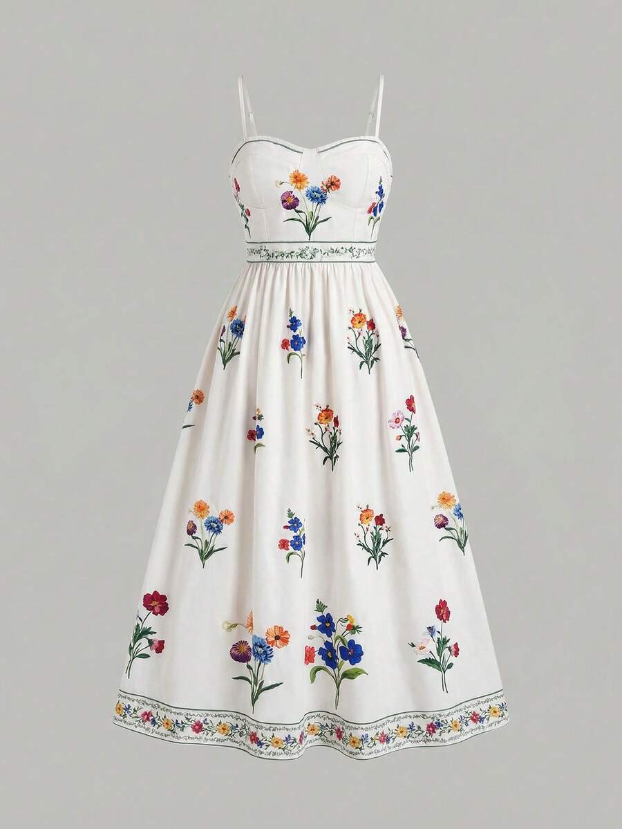 Tween girls apricot polka dot long cami dress with shoulder straps, high waist, and flared A-line skirt.