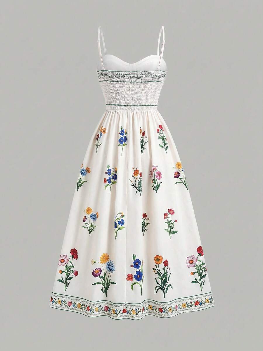 Tween girls apricot polka dot long cami dress with shoulder straps, high waist, and flared A-line skirt.
