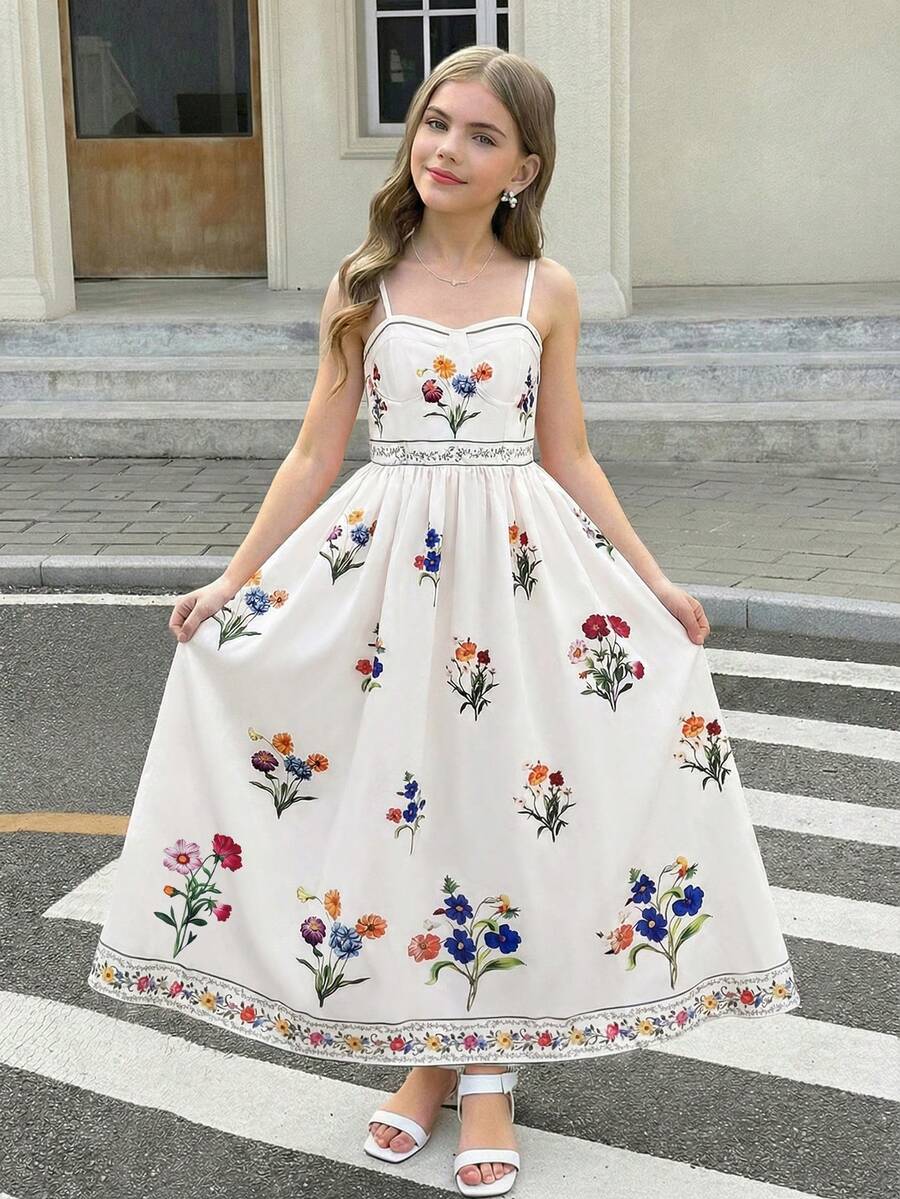Tween girls apricot polka dot long cami dress with shoulder straps, high waist, and flared A-line skirt.