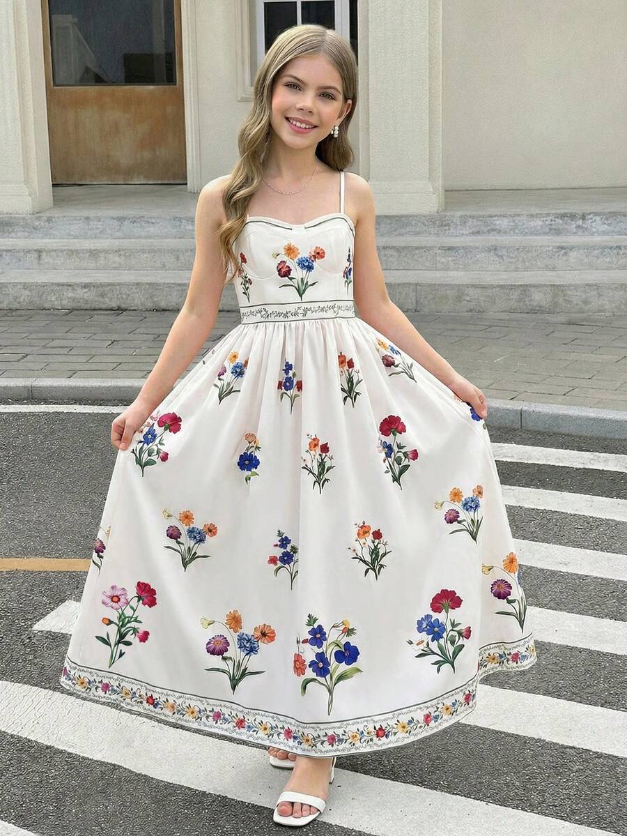Tween girls apricot polka dot long cami dress with shoulder straps, high waist, and flared A-line skirt.