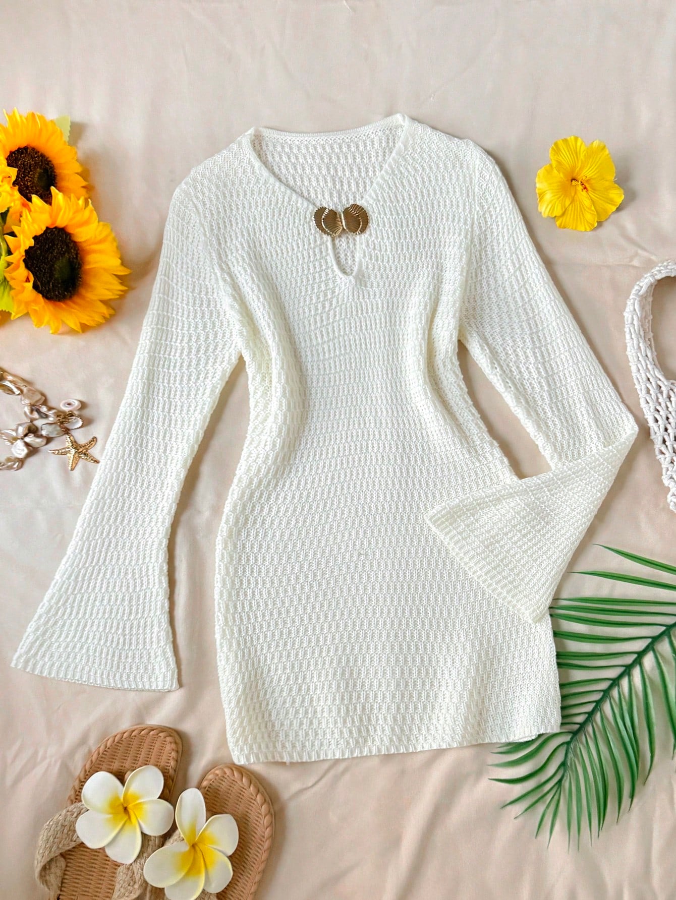Tween girls semi-sheer white cover-up dress with V-neckline, long sleeves, contrast lace details, and zipper accent for beachwear layering.