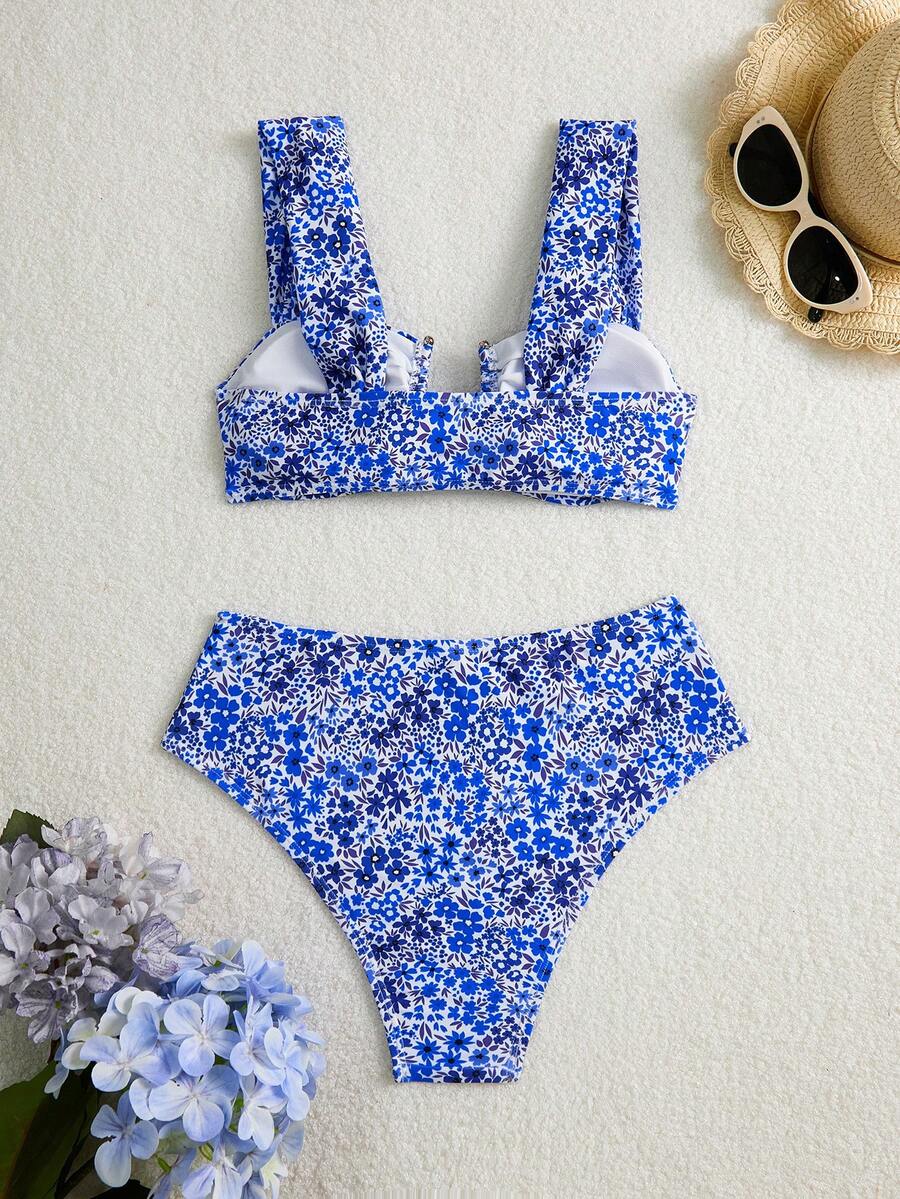 Springbreak black high waist bikini set for women featuring wireless bra top with ruffle lettuce trim and V-wired detail.