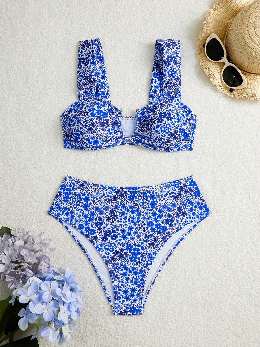 Springbreak black high waist bikini set for women featuring wireless bra top with ruffle lettuce trim and V-wired detail.
