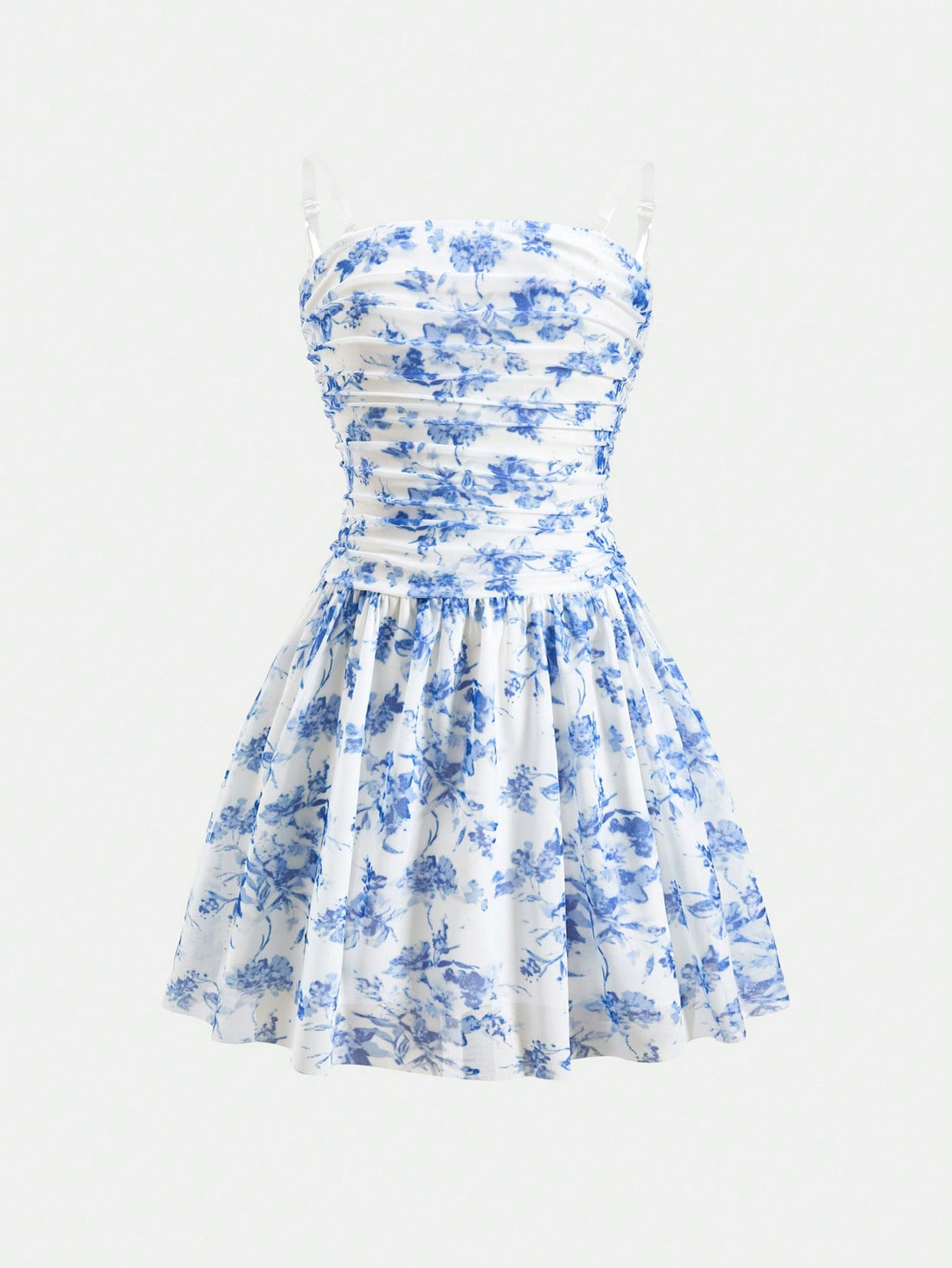 Blue floral strapless tube dress for tween girls with ruched bust, shirred detail, zipper closure, high waist, flared hem, and slim fit.