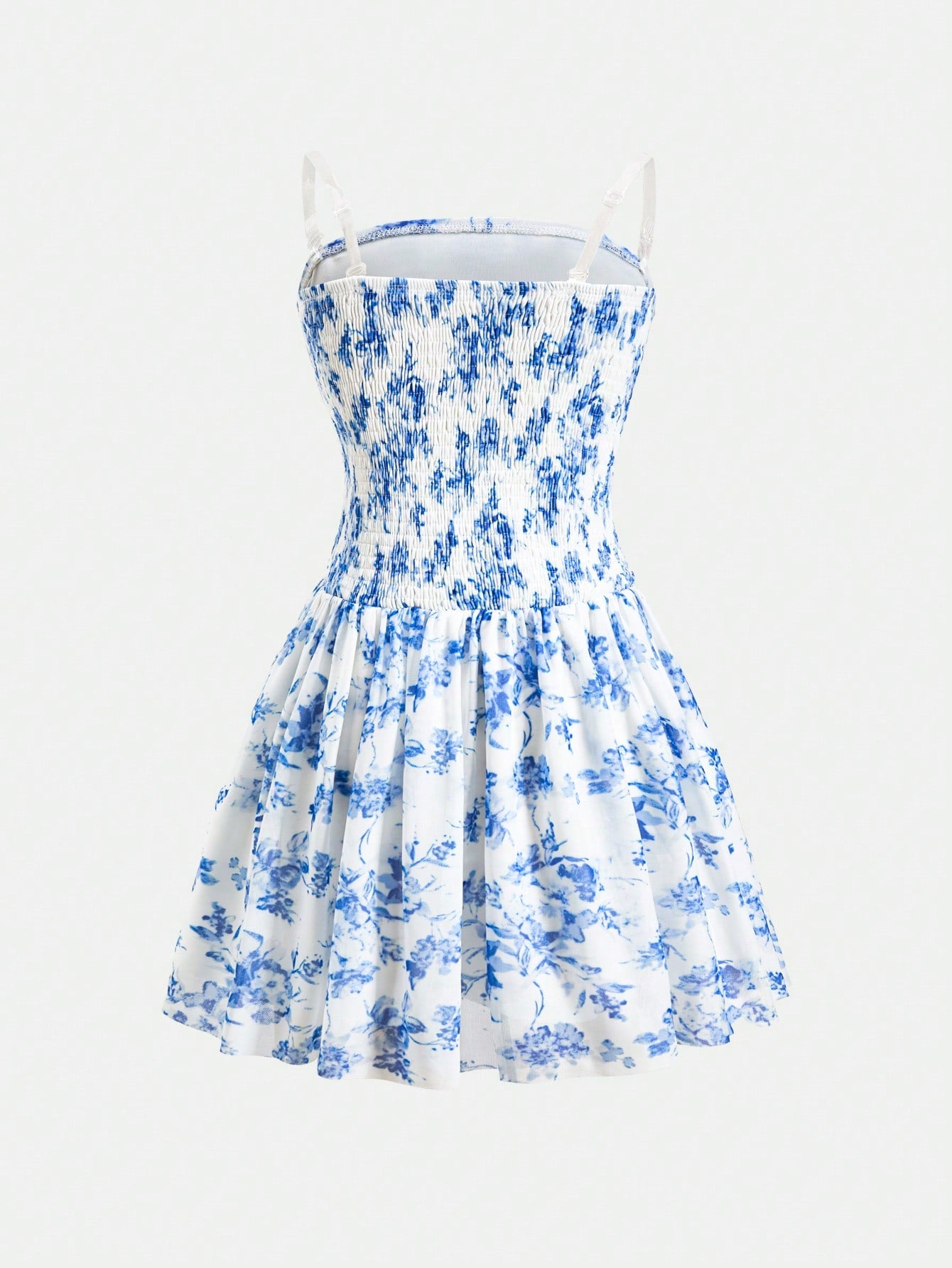 Blue floral strapless tube dress for tween girls with ruched bust, shirred detail, zipper closure, high waist, flared hem, and slim fit.