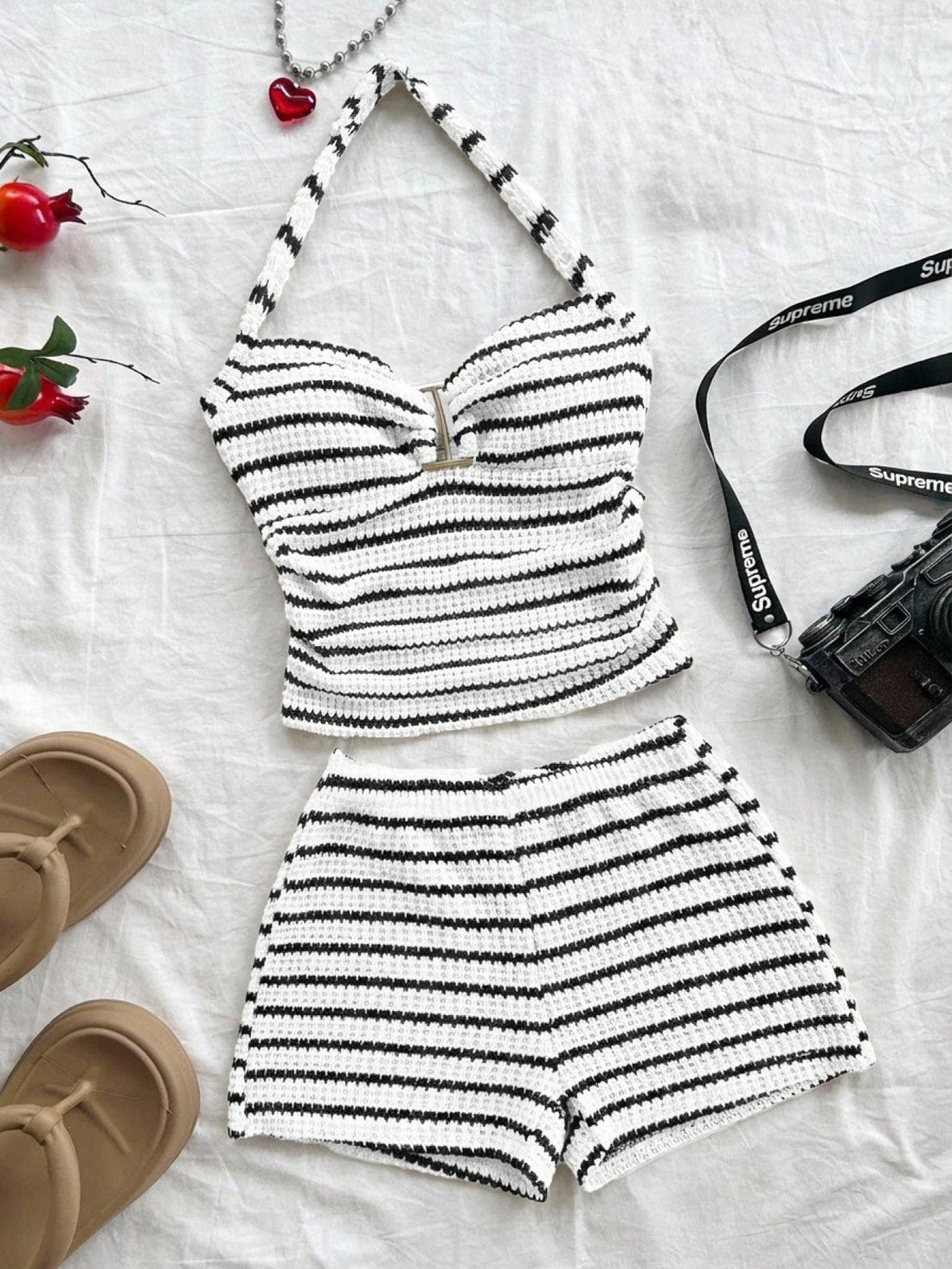 Black striped rib-knit halter tank top with lettuce trim and matching casual shorts for tween girls.
