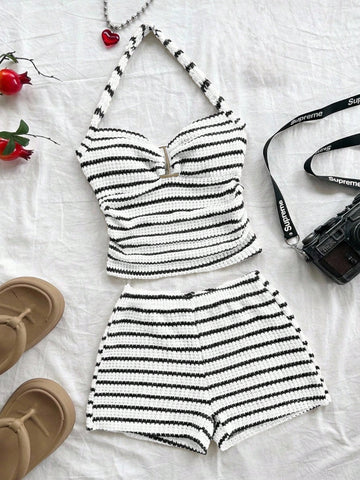Black striped rib-knit halter tank top with lettuce trim and matching casual shorts for tween girls.