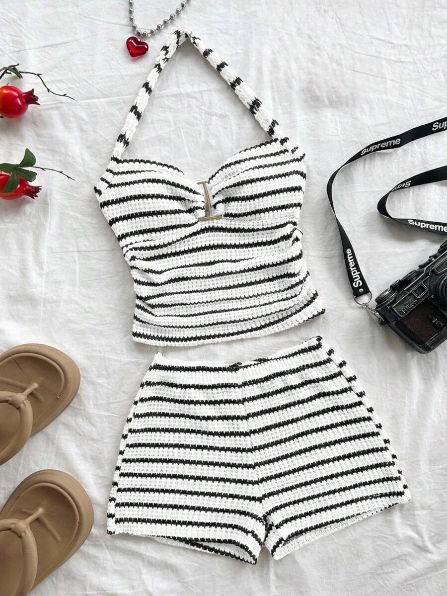 Black striped rib-knit halter tank top with lettuce trim and matching casual shorts for tween girls.