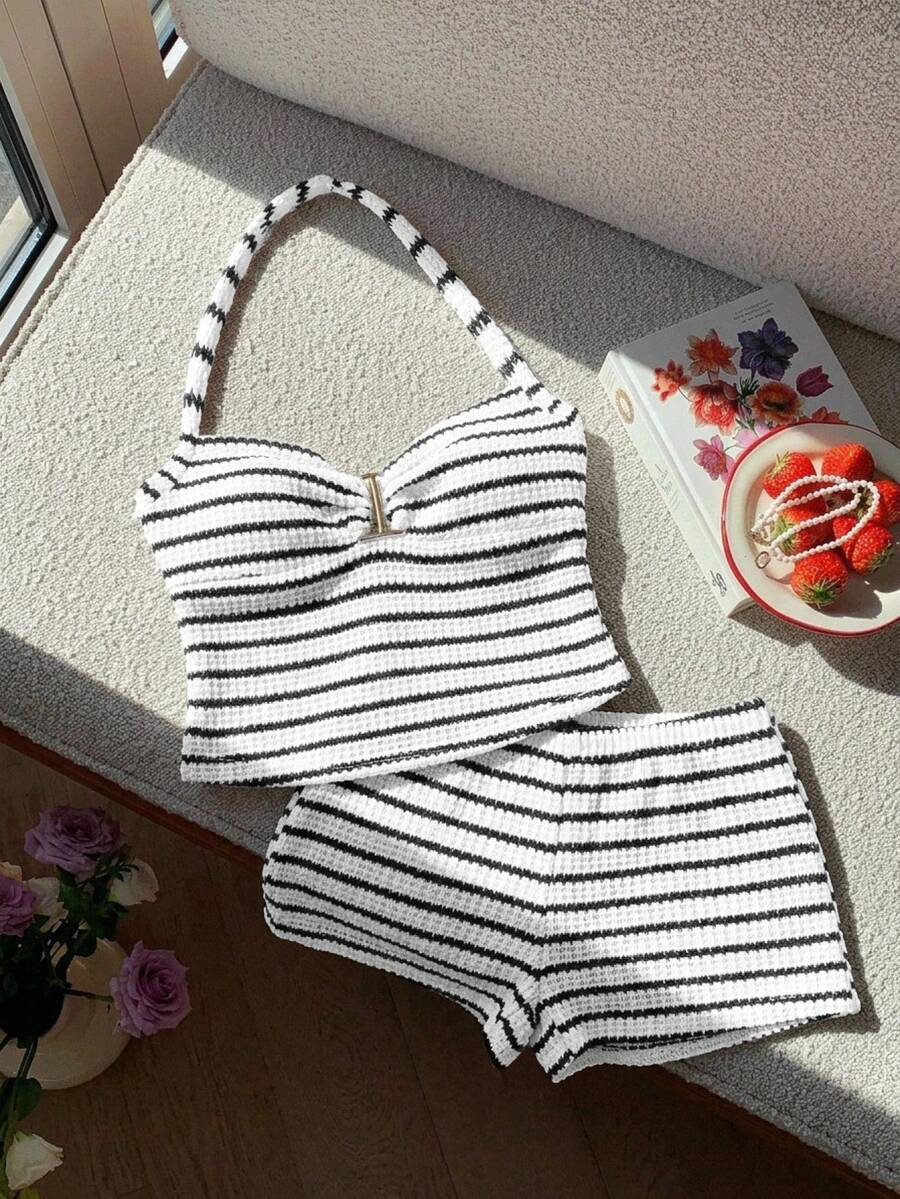 Black striped rib-knit halter tank top with lettuce trim and matching casual shorts for tween girls.
