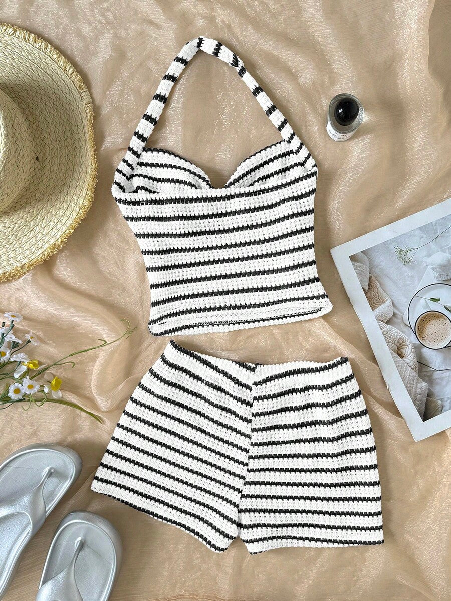 Black striped rib-knit halter tank top with lettuce trim and matching casual shorts for tween girls.