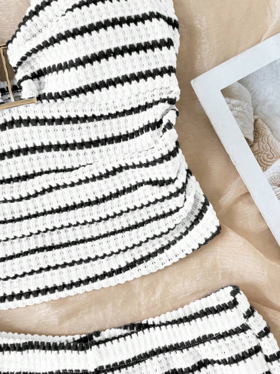 Black striped rib-knit halter tank top with lettuce trim and matching casual shorts for tween girls.