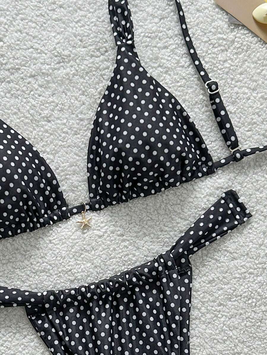 Women's 2-piece triangle cup bikini set in solid color featuring woven pearl shell decoration, halter neckline, and high-waist side-tie ruched bottoms.