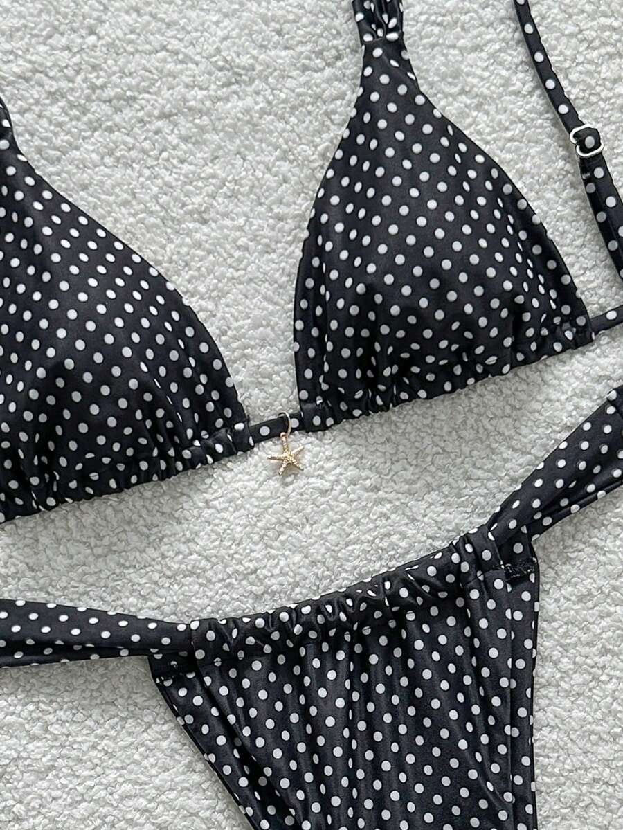 Women's 2-piece triangle cup bikini set in solid color featuring woven pearl shell decoration, halter neckline, and high-waist side-tie ruched bottoms.