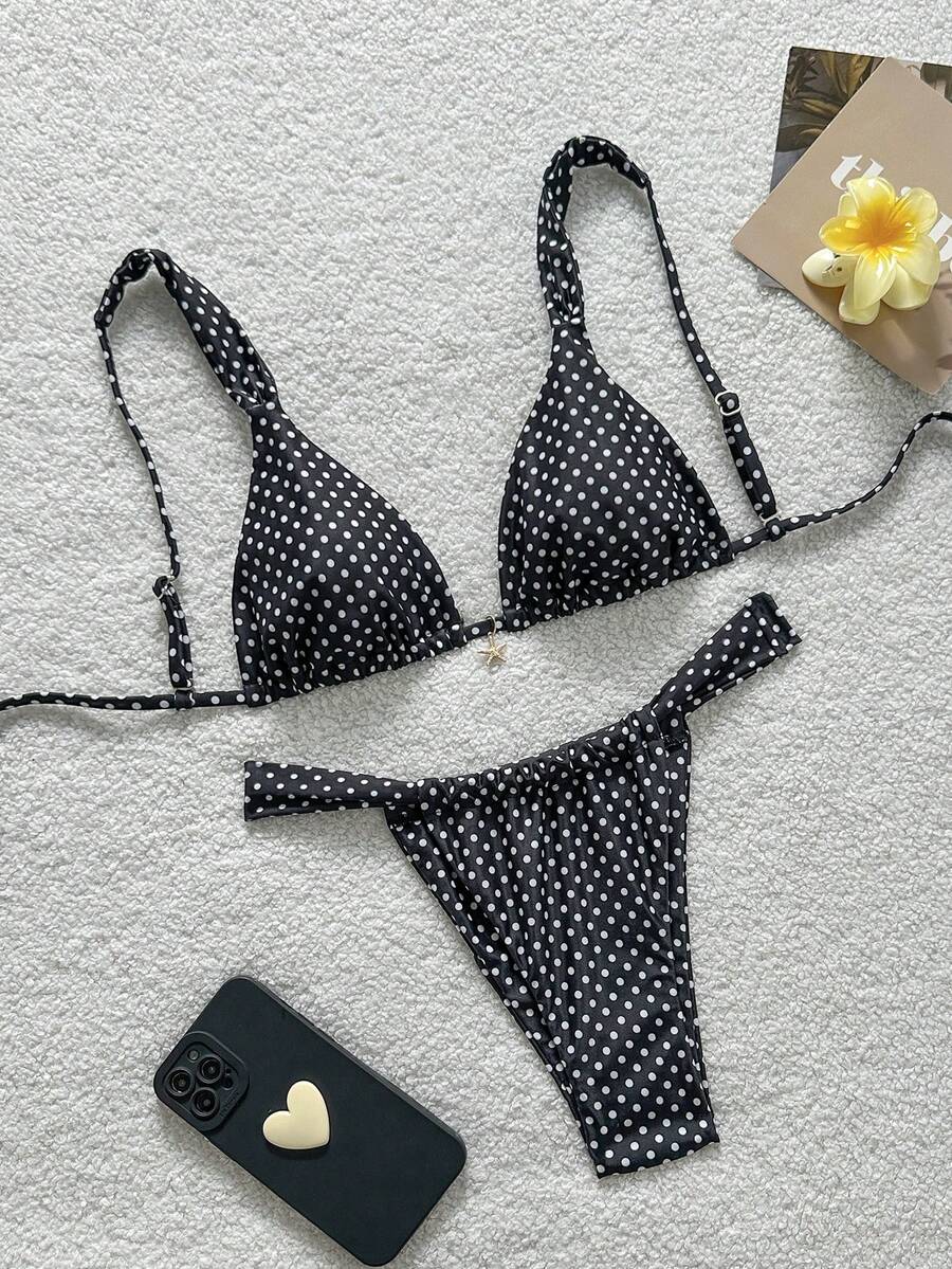 Women's 2-piece triangle cup bikini set in solid color featuring woven pearl shell decoration, halter neckline, and high-waist side-tie ruched bottoms.