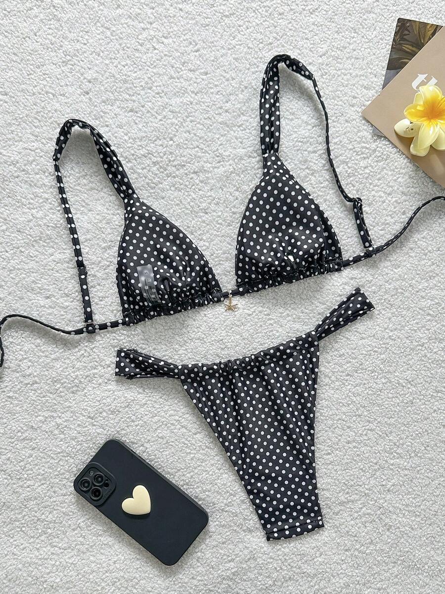 Women's 2-piece triangle cup bikini set in solid color featuring woven pearl shell decoration, halter neckline, and high-waist side-tie ruched bottoms.