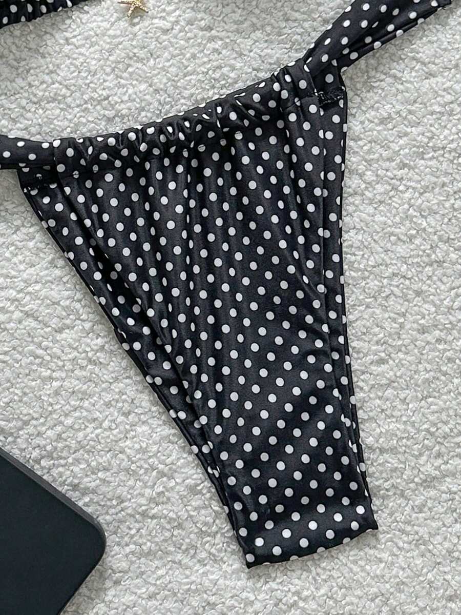 Women's 2-piece triangle cup bikini set in solid color featuring woven pearl shell decoration, halter neckline, and high-waist side-tie ruched bottoms.