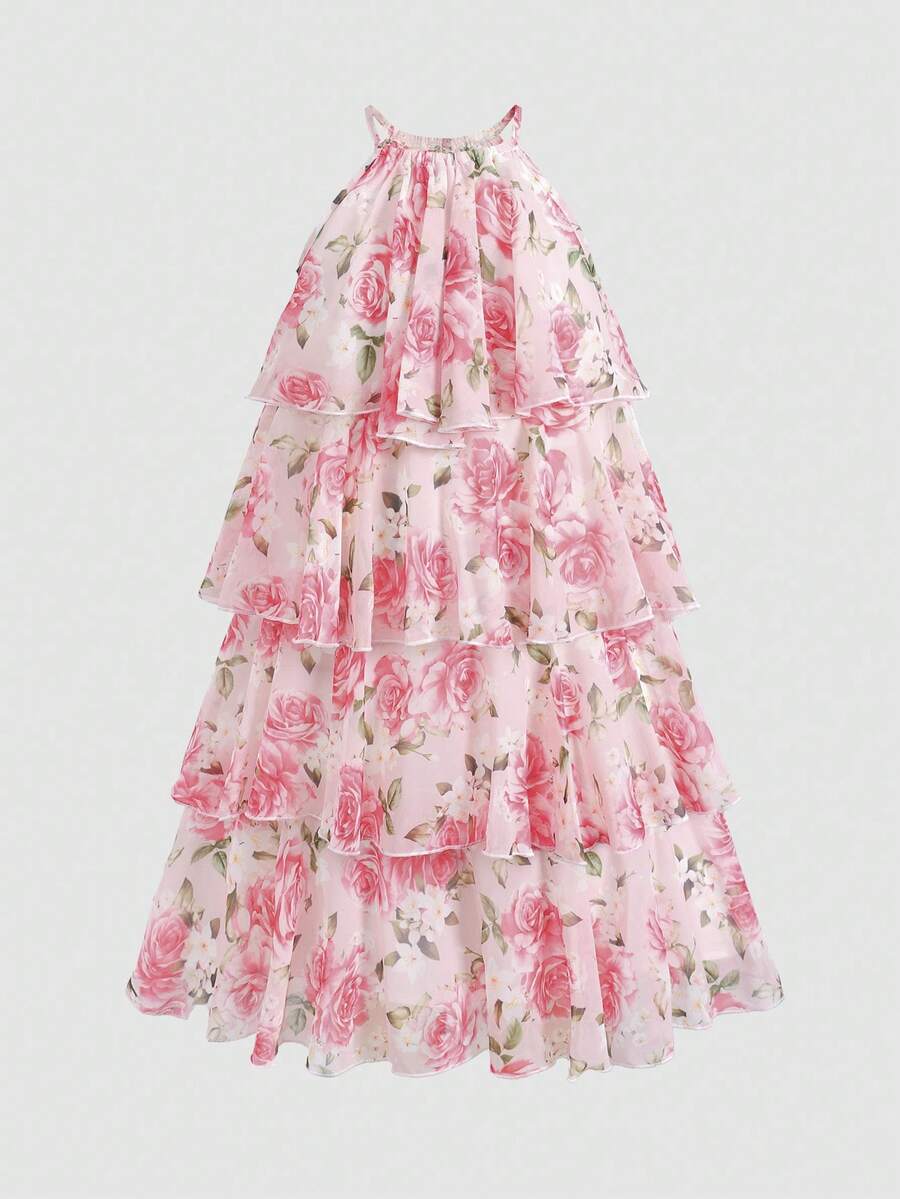 Apricot all-over floral print midi dress for tween girls featuring a sleeveless V-neckline, high waist, button details, and tiered A-line skirt.