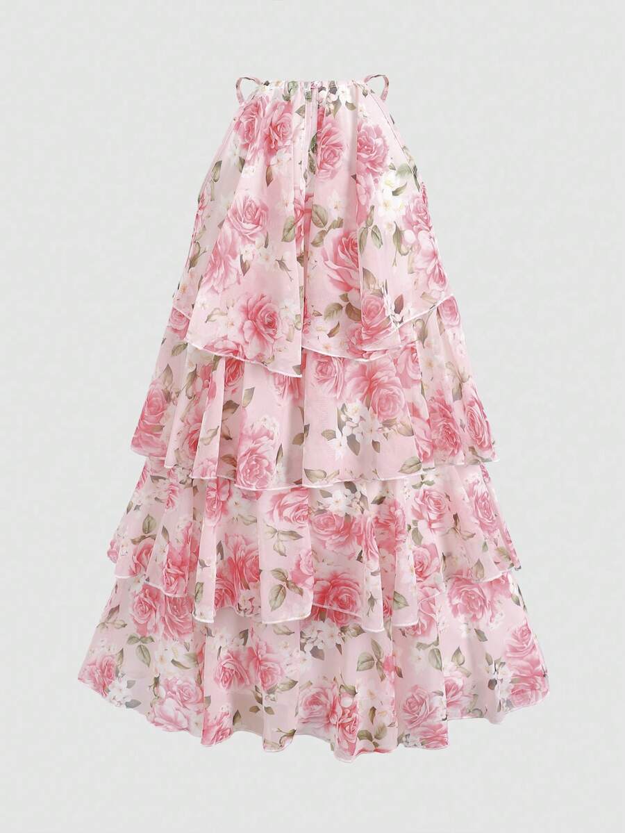 Apricot all-over floral print midi dress for tween girls featuring a sleeveless V-neckline, high waist, button details, and tiered A-line skirt.