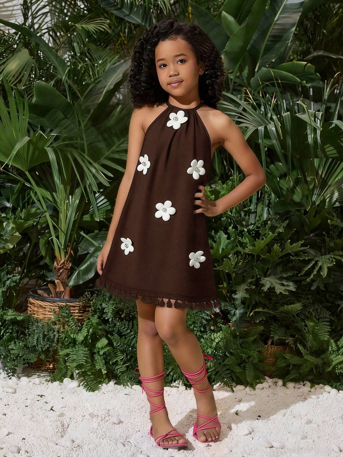 Tween girls floral halter A-line dress with contrast lace, applique and fringe details, sleeveless short length in polyester