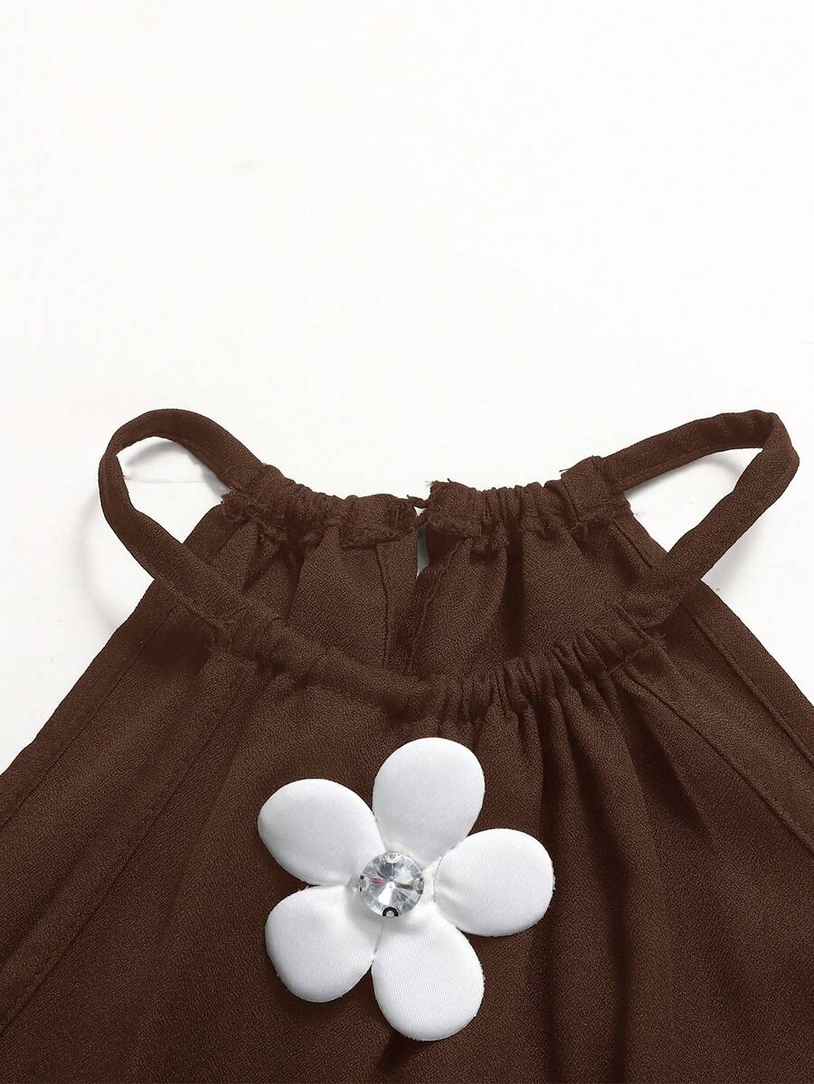 Tween girls floral halter A-line dress with contrast lace, applique and fringe details, sleeveless short length in polyester