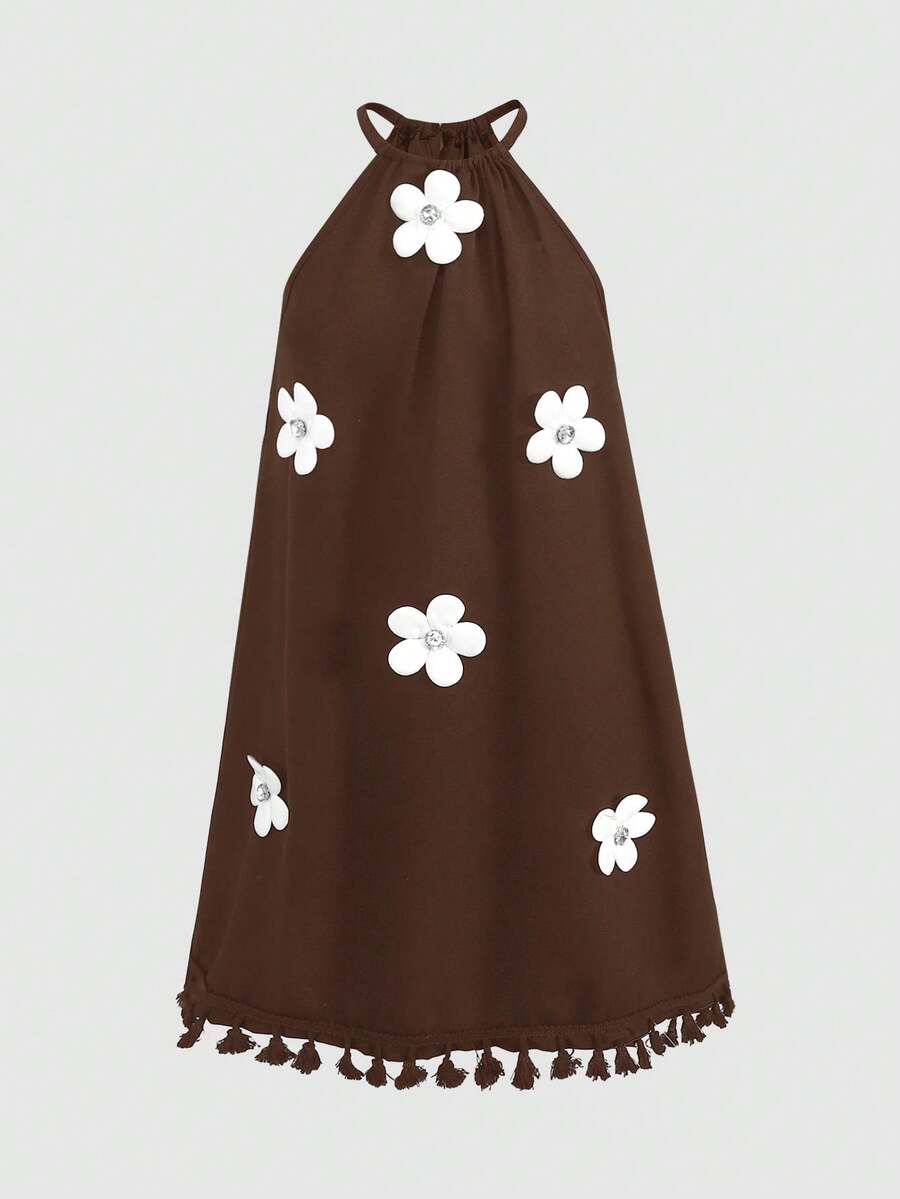 Tween girls floral halter A-line dress with contrast lace, applique and fringe details, sleeveless short length in polyester