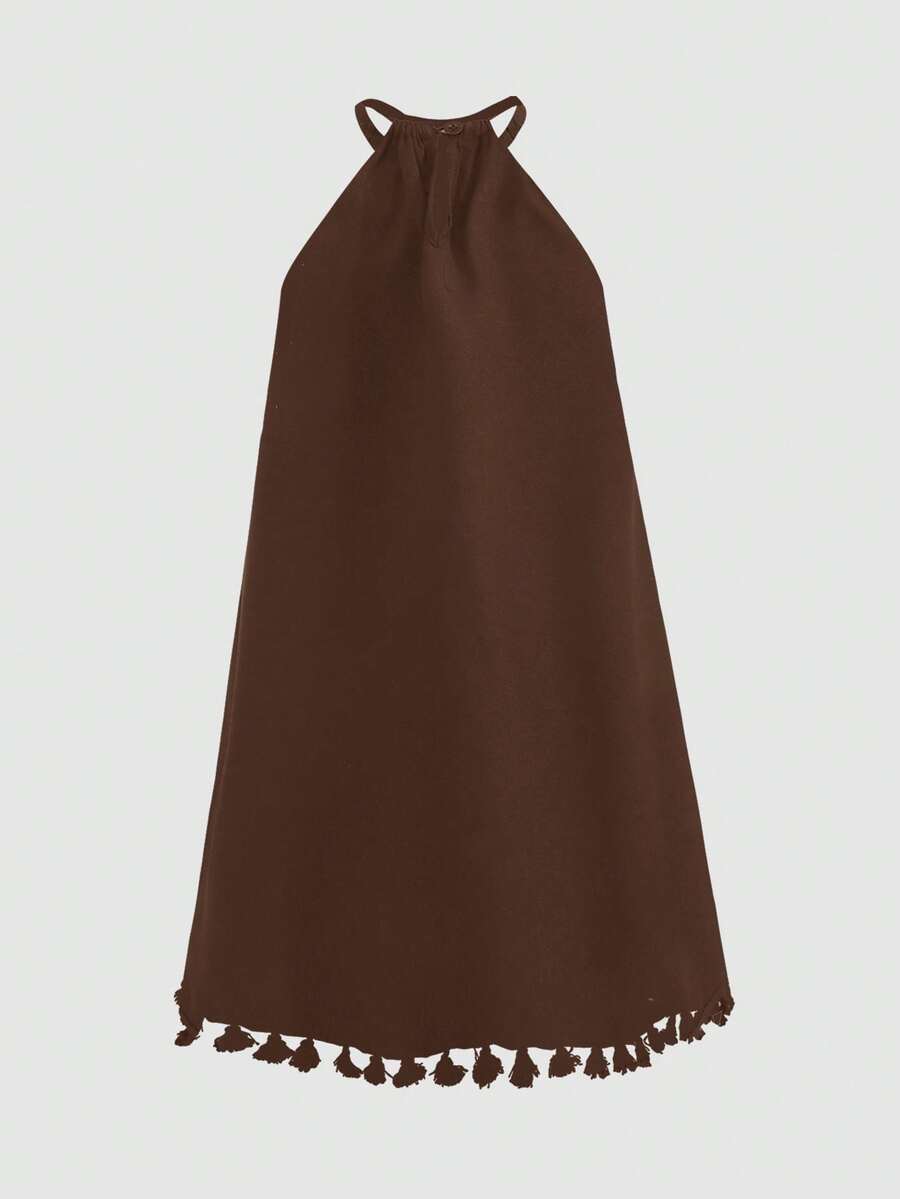 Tween girls floral halter A-line dress with contrast lace, applique and fringe details, sleeveless short length in polyester