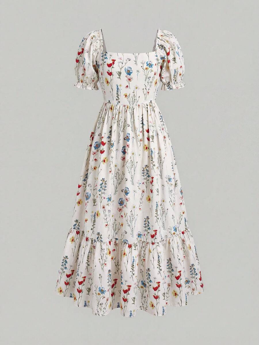 ChillGRL square neck short puff sleeve A-line long dress for teen girls featuring shirred high waist detailing and a flounce hem.