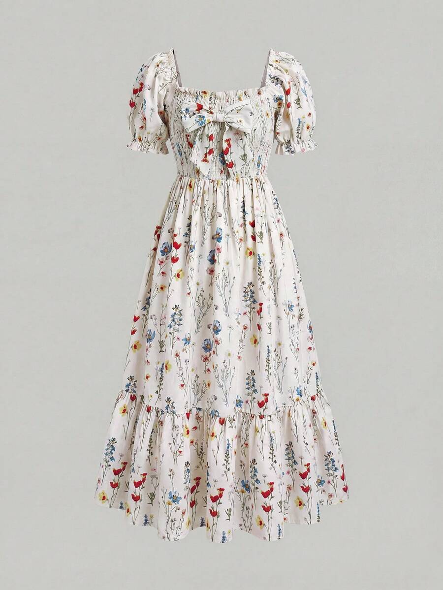 ChillGRL square neck short puff sleeve A-line long dress for teen girls featuring shirred high waist detailing and a flounce hem.