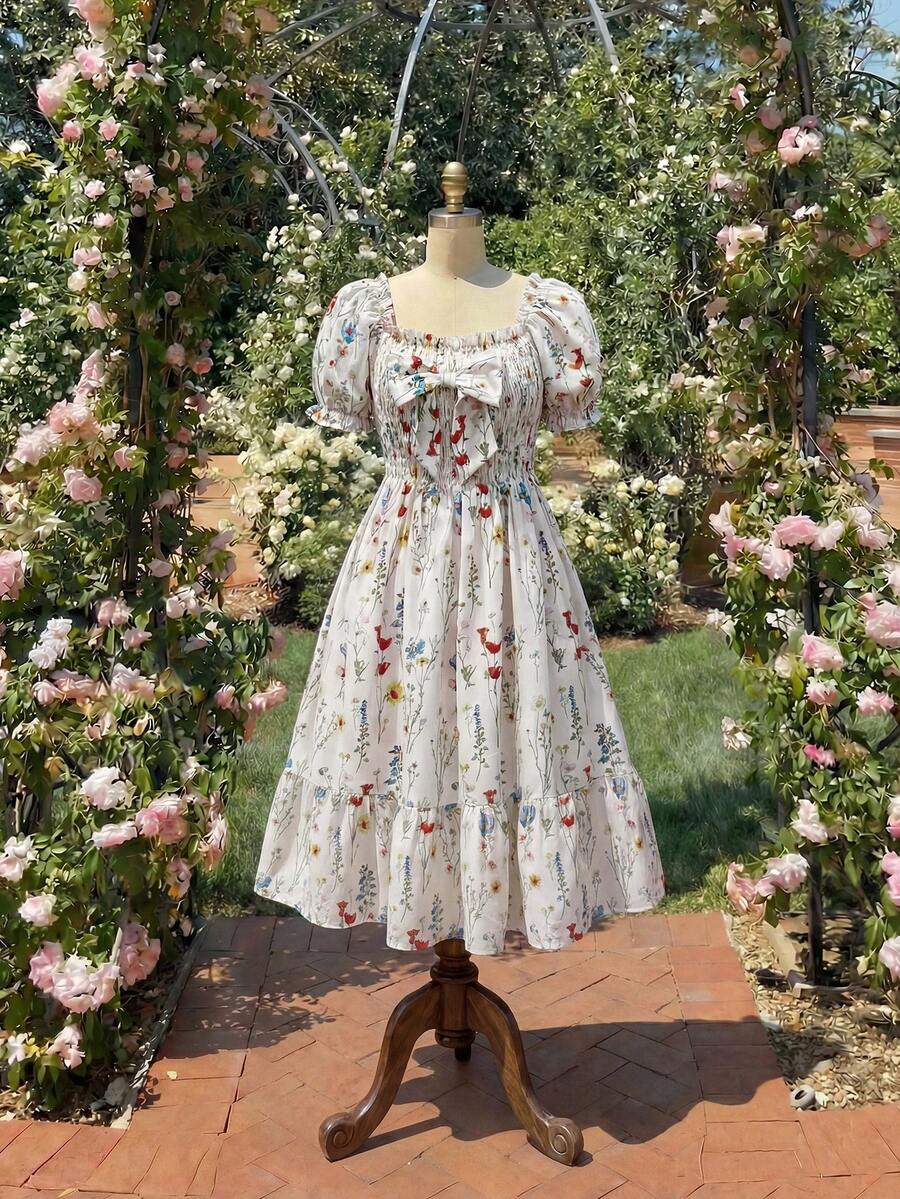 ChillGRL square neck short puff sleeve A-line long dress for teen girls featuring shirred high waist detailing and a flounce hem.