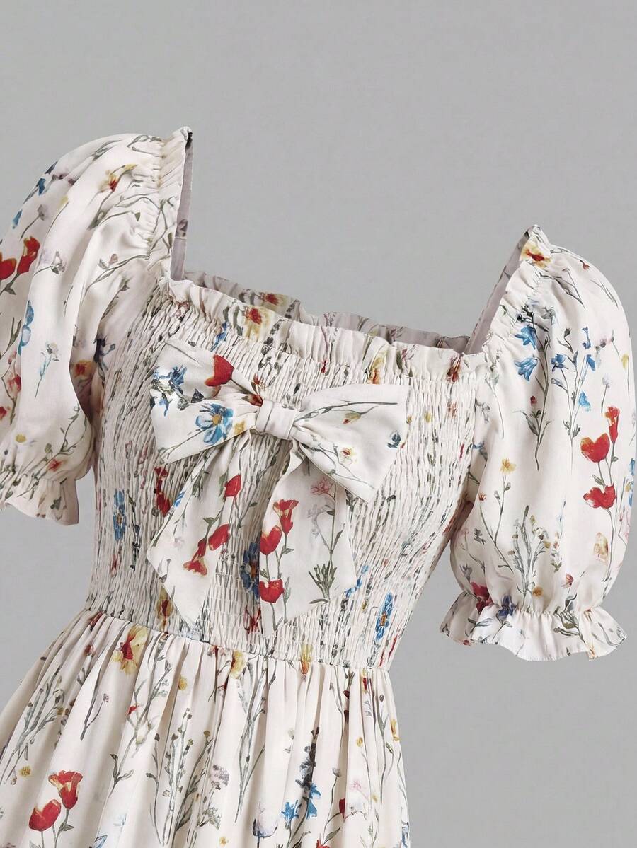 ChillGRL square neck short puff sleeve A-line long dress for teen girls featuring shirred high waist detailing and a flounce hem.