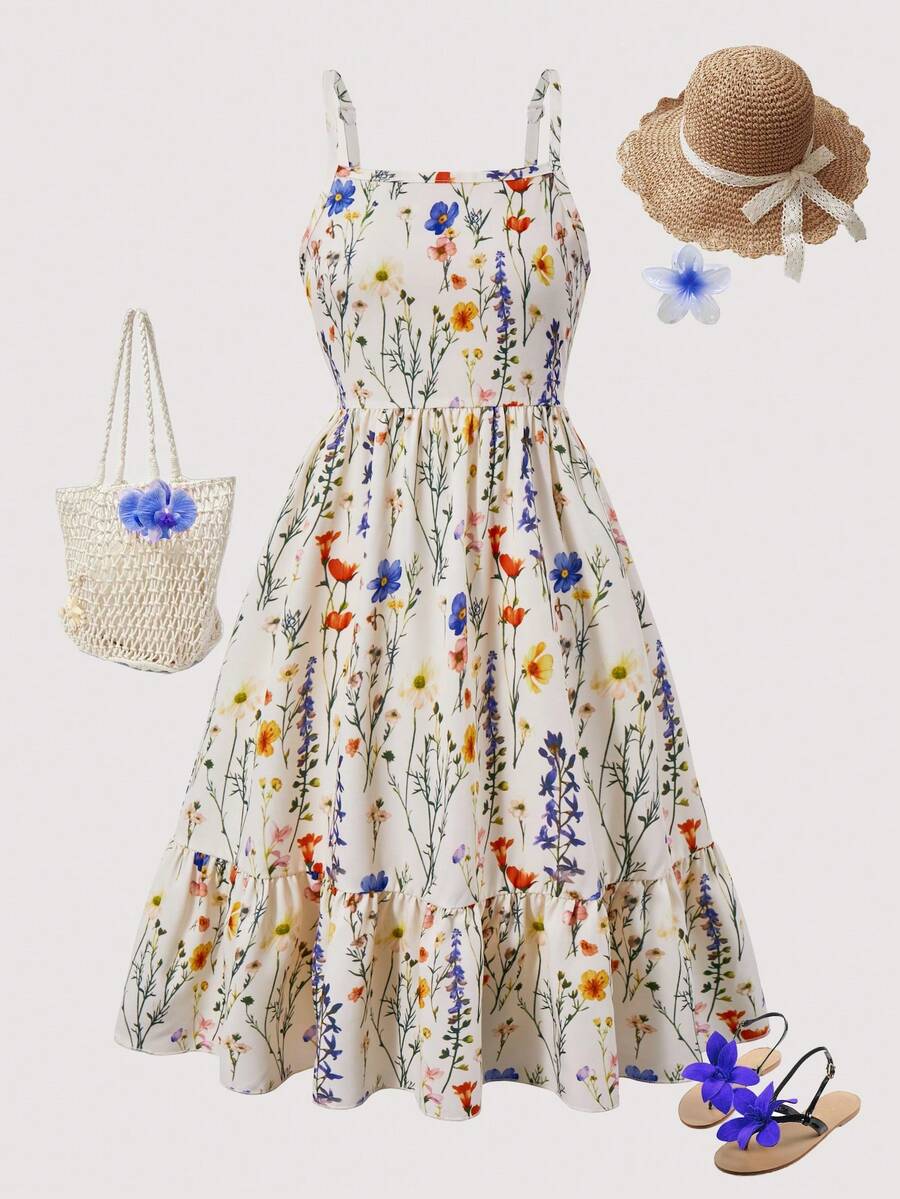 Tween girl wearing an apricot floral print sleeveless mini cami dress featuring spaghetti straps, a shirred high waist, flounce hem, and a bow back detail.