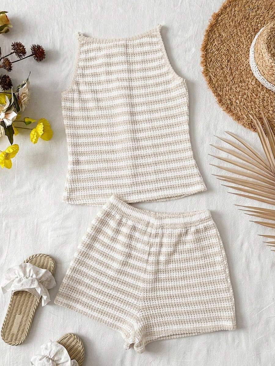 Tween girls apricot striped knit camisole top with button front paired with matching casual elastic waist shorts