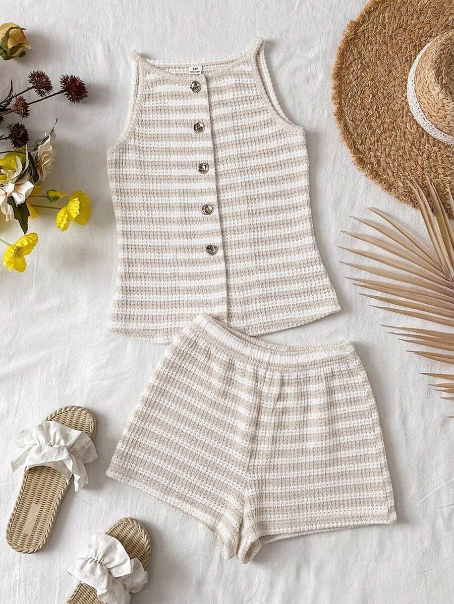 Tween girls apricot striped knit camisole top with button front paired with matching casual elastic waist shorts