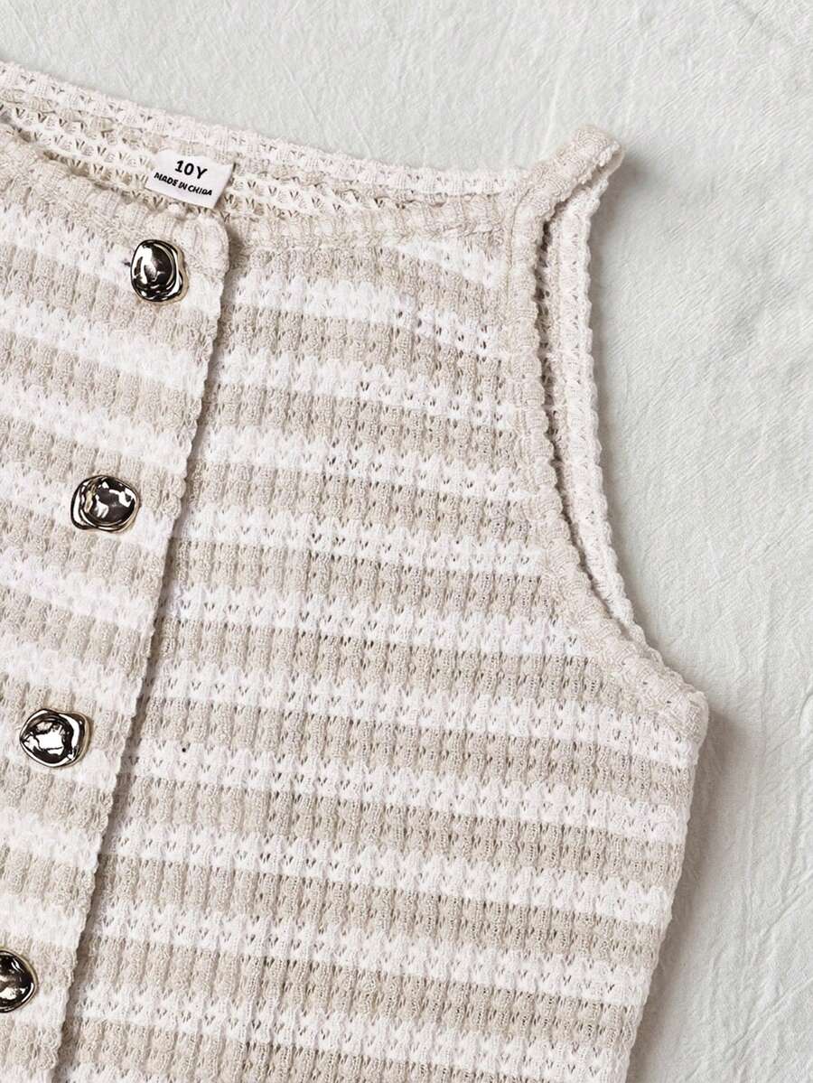 Tween girls apricot striped knit camisole top with button front paired with matching casual elastic waist shorts