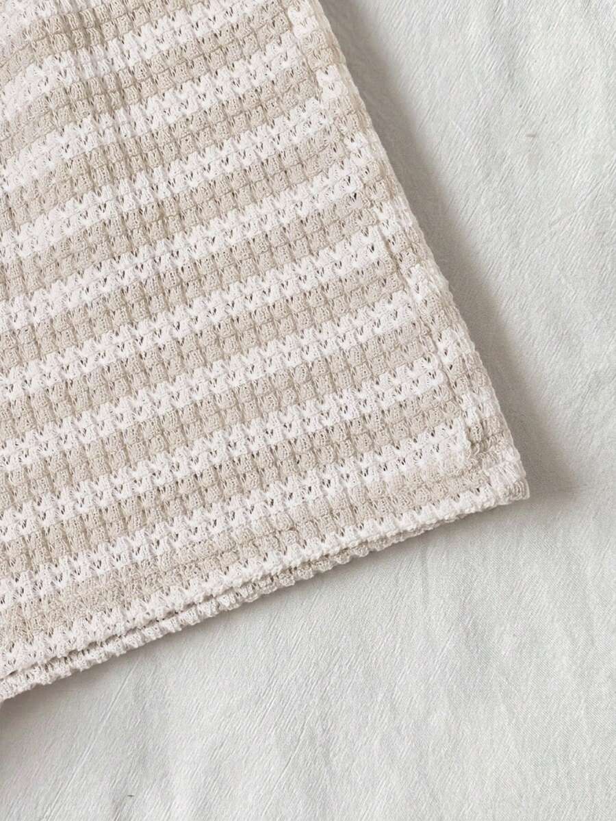 Tween girls apricot striped knit camisole top with button front paired with matching casual elastic waist shorts