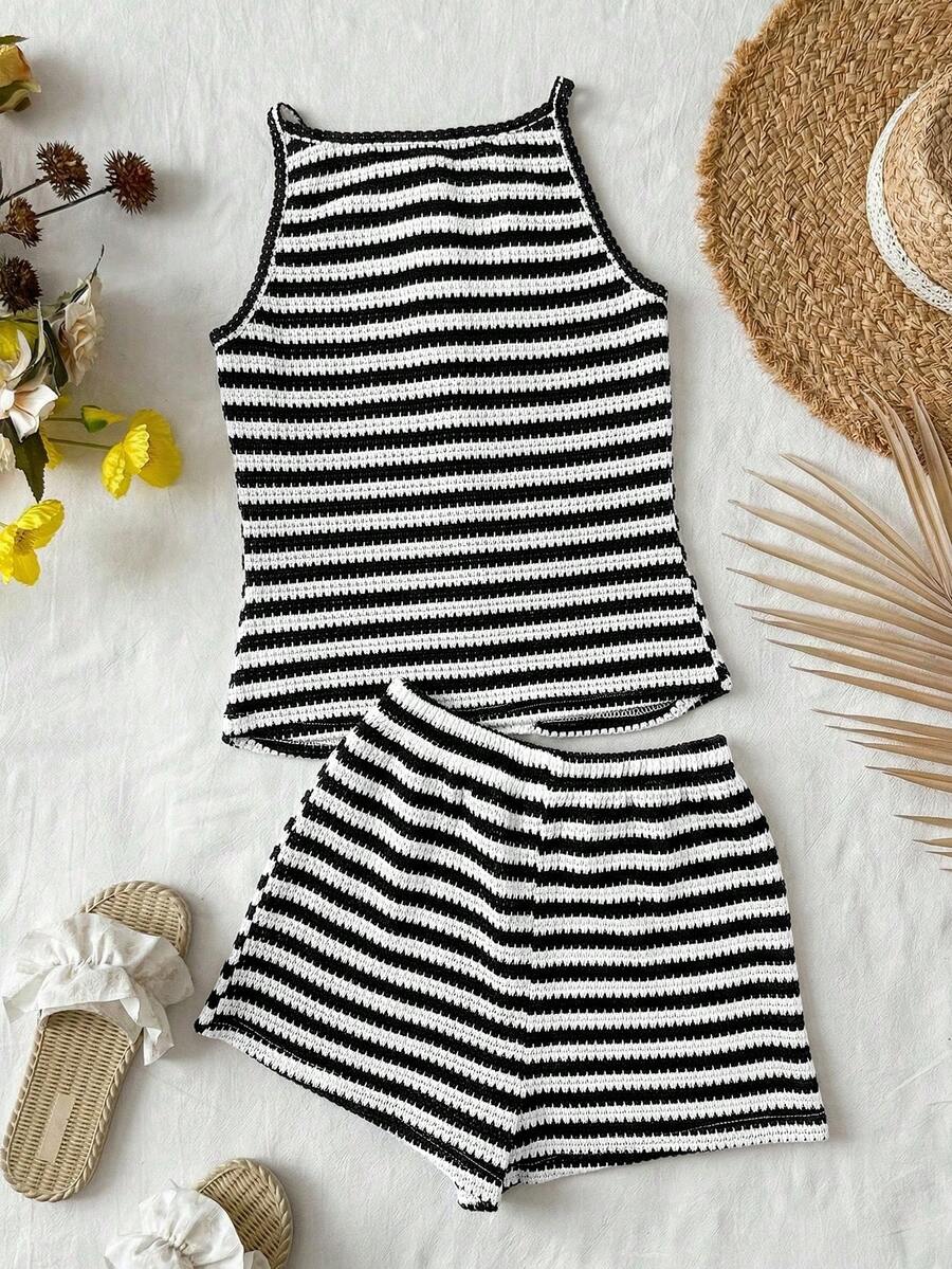 Tween girls apricot striped knit camisole top with button front paired with matching casual elastic waist shorts