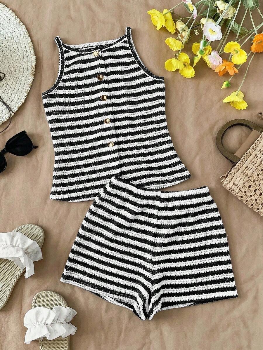 Tween girls apricot striped knit camisole top with button front paired with matching casual elastic waist shorts