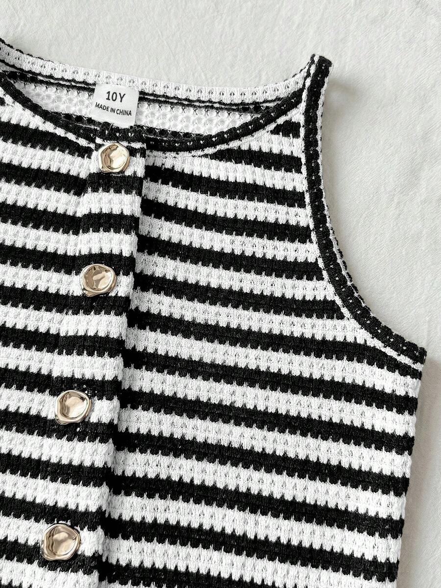Tween girls apricot striped knit camisole top with button front paired with matching casual elastic waist shorts