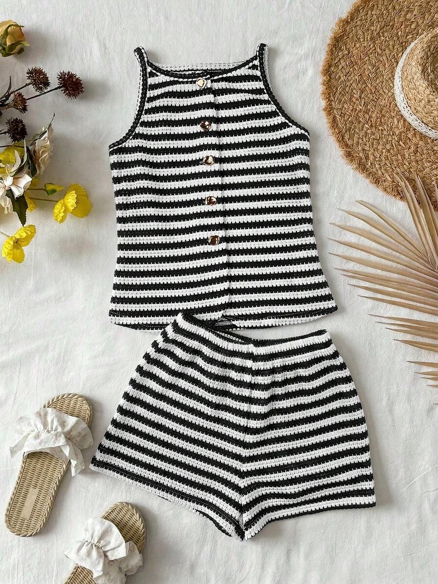 Tween girls apricot striped knit camisole top with button front paired with matching casual elastic waist shorts