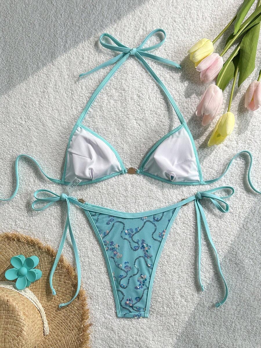 Women's sequin textured halter triangle bikini top and high-waist side tie bikini bottom swimsuit set